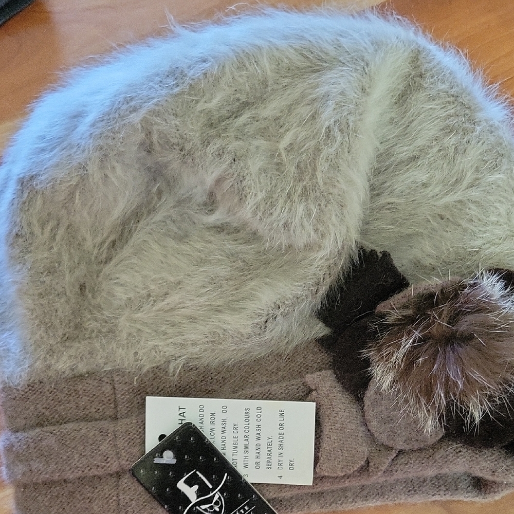 Fuzzy Tan And Brown Beanie with Flower Decoration